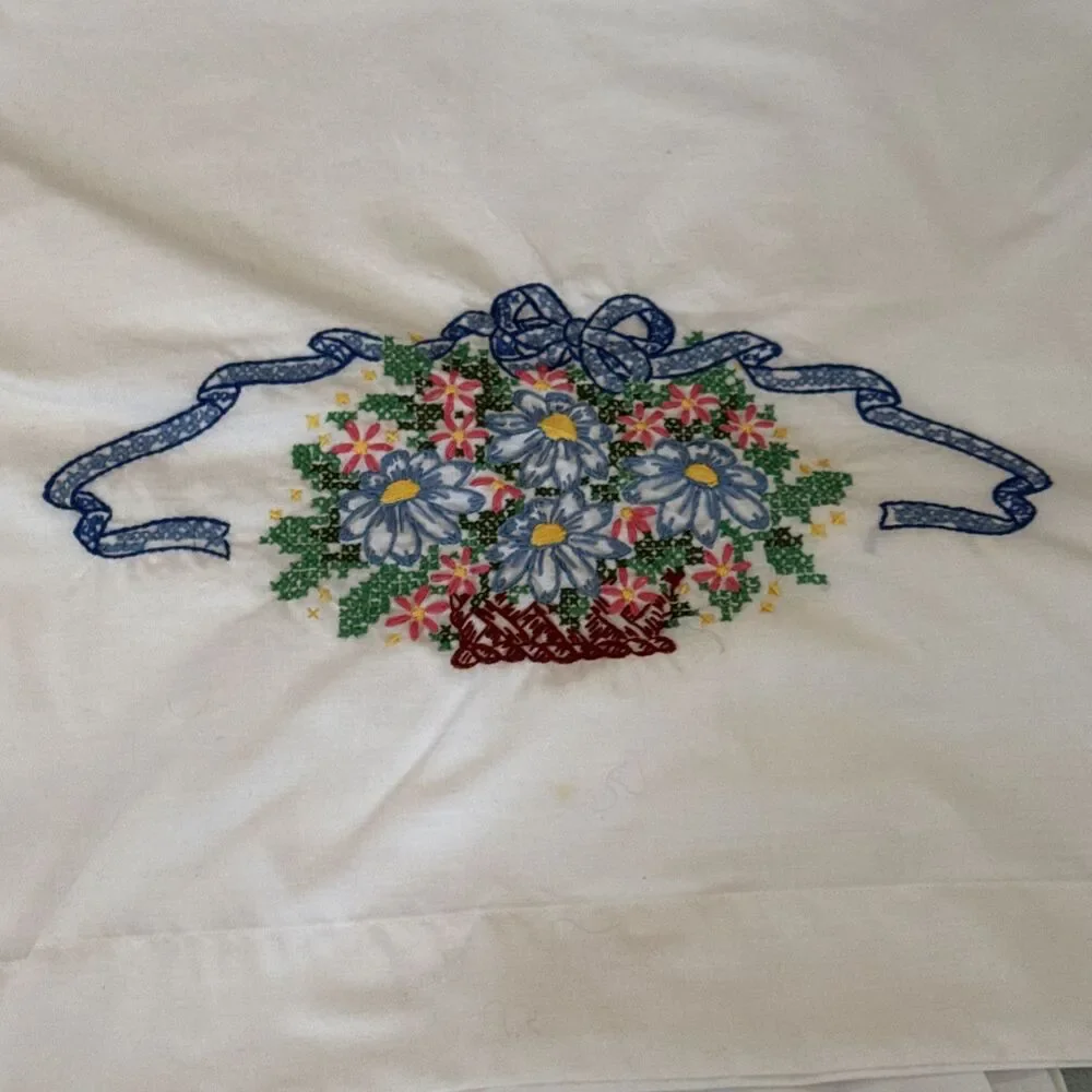 Vintage Pillowcase Pair Embroidered Pastel Flowers Grandma Cottage Core